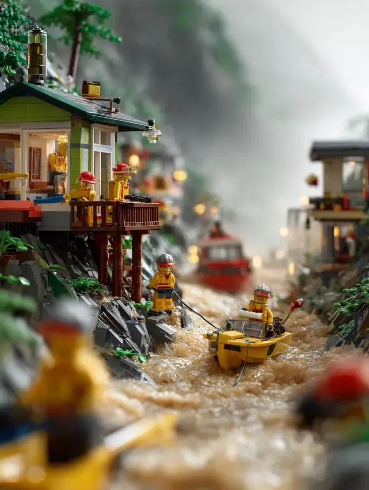LEGO Mountain Flood Rescue Scene Prompt reference