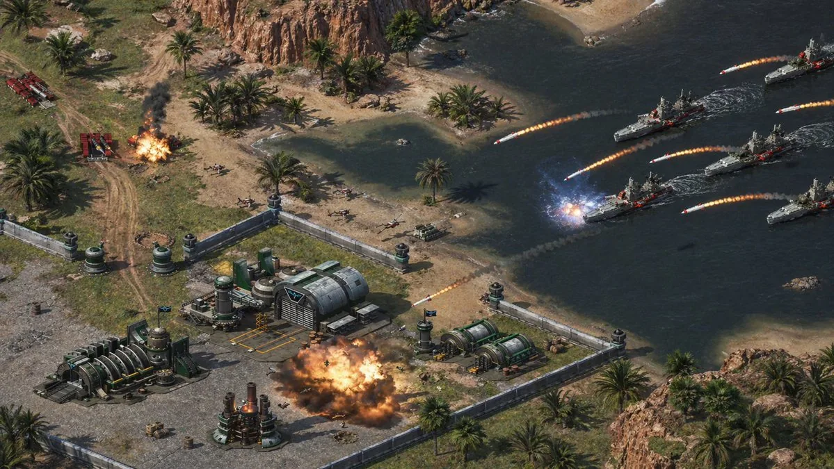 Isometric Coastal Base Under Naval Attack reference