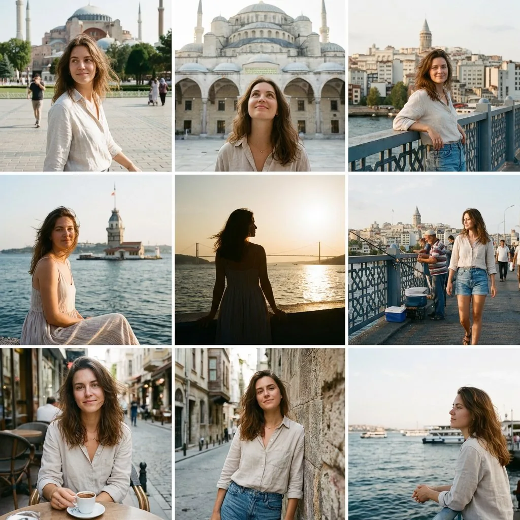 Instagram Travel Grid of an Attractive Woman in Istanbul - Nano Banana Pro AI Prompt for Social Media Post reference