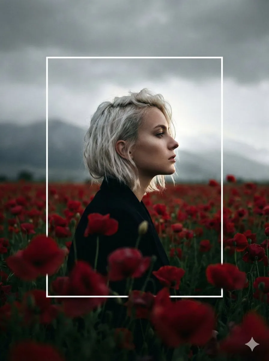 Cinematic Profile Portrait in Crimson Field with Frame Overlay reference