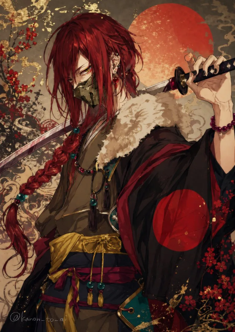 Red-Haired Masked Samurai Portrait reference