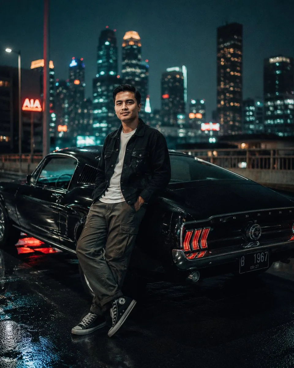 Cinematic Night City Mustang Portrait reference