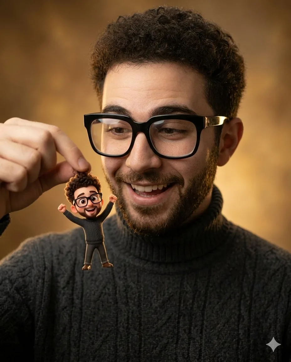 Photorealistic Subject Holding Miniature Cartoon Self - Nano Banana Pro AI Prompt for Social Media Post reference