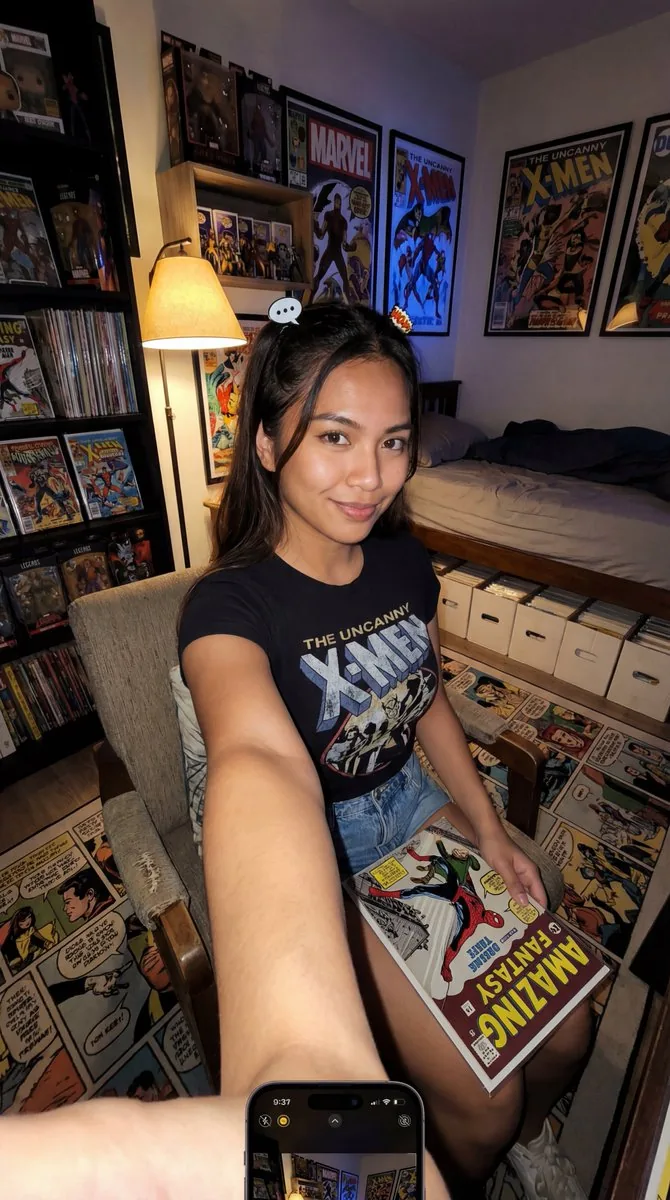Filipina Comic Geek Selfie in Collector's Room - Nano Banana Pro AI Prompt for Social Media Post reference