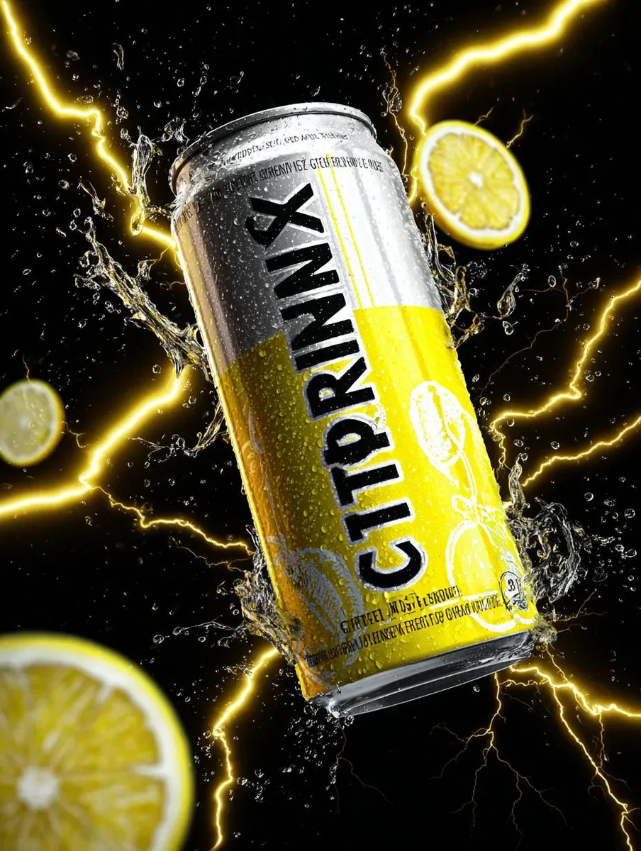 Energy Drink Can with Green Apple Splash and Neon Lightning reference