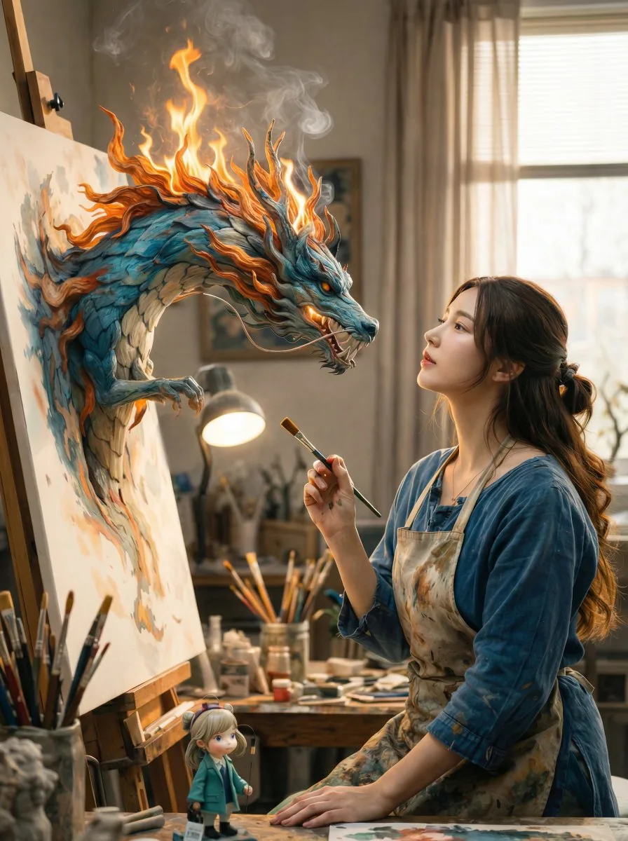 Magical Realism: Dragon Emerging from Canvas reference