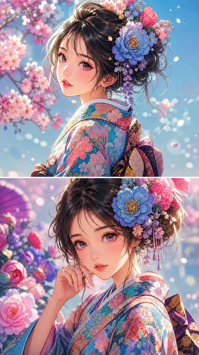 Anime Girl Floral Kimono Portrait reference