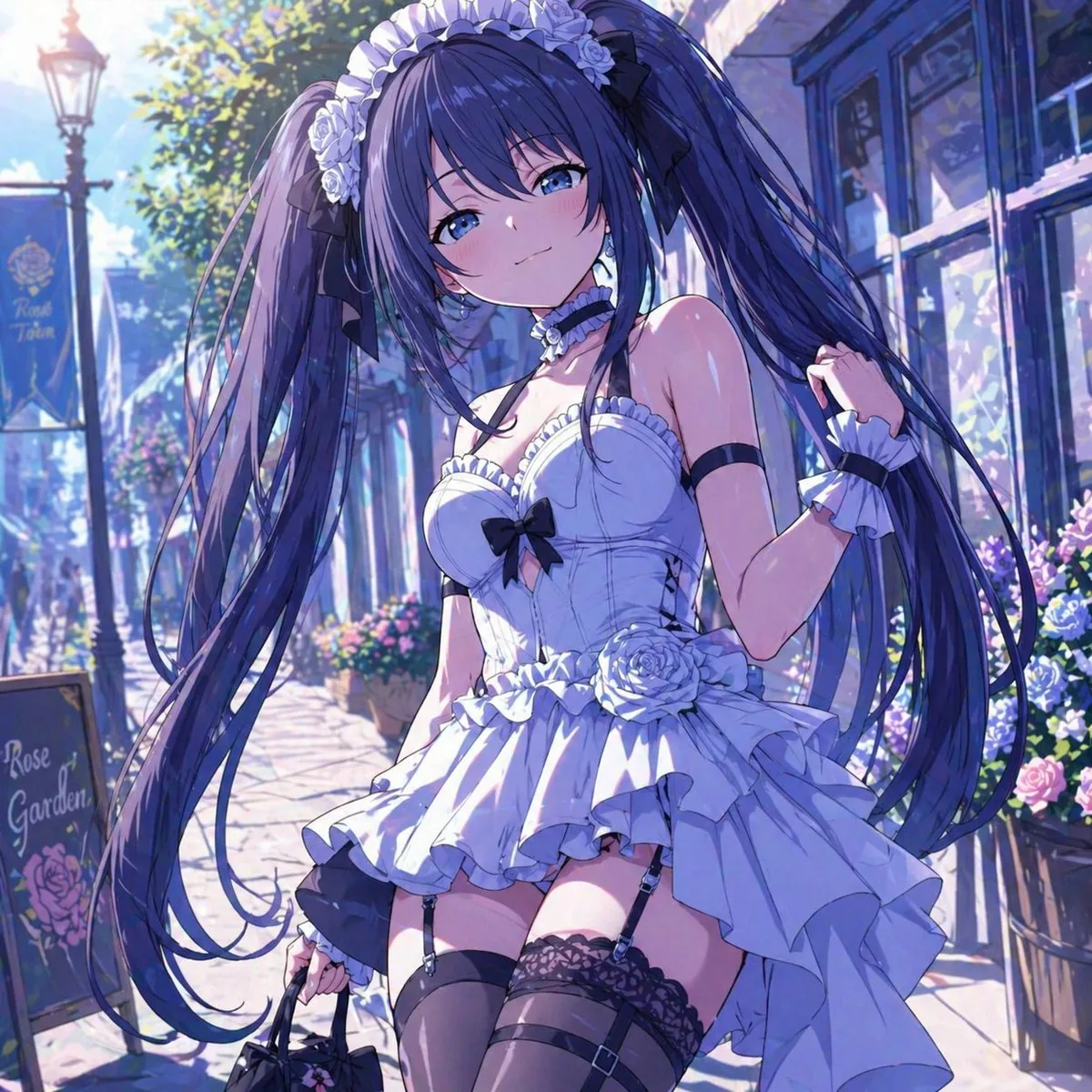 Elegant Anime Girl on a Flower Street reference