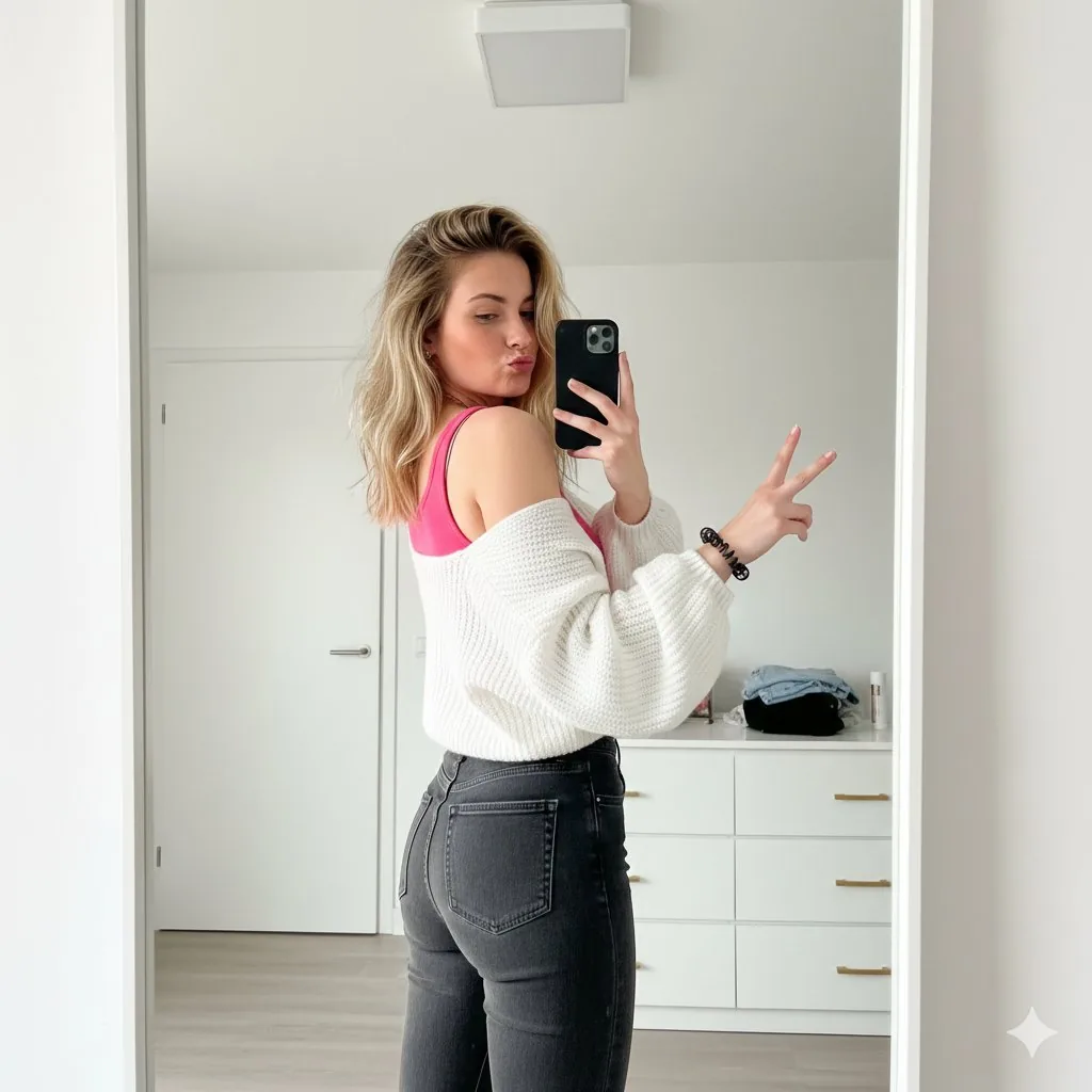 Playful Mirror Selfie with Peace Sign - Nano Banana Pro AI Prompt for Social Media Post reference