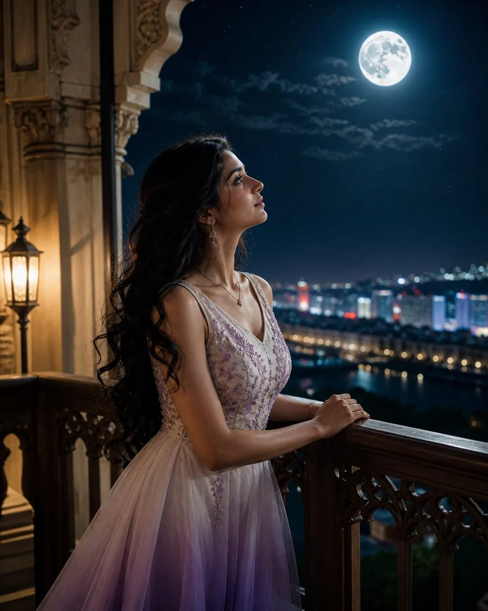 Moonlit Indian Woman Balcony Portrait reference