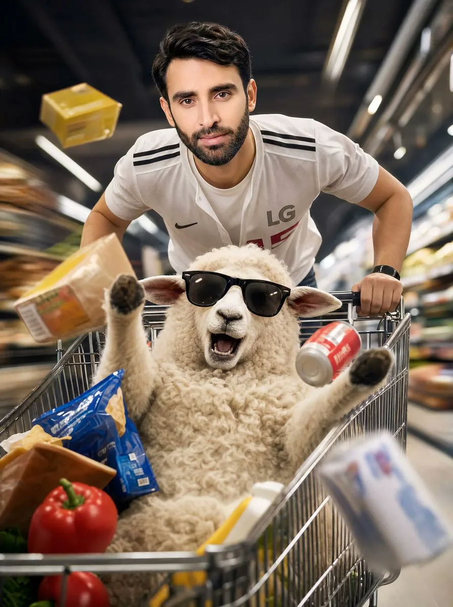 Man Racing Cart with Sheep reference