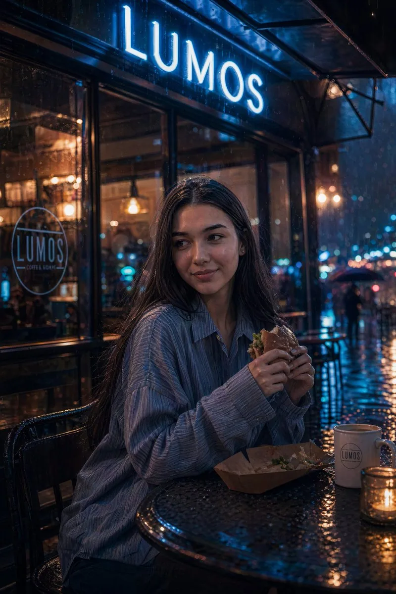 Cinematic neon cafe night reference