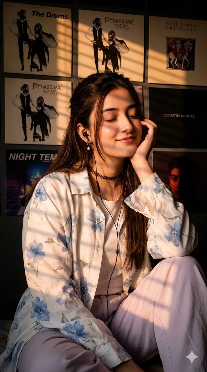 Cinematic Sunset Portrait with Vinyl Background - Nano Banana Pro AI Prompt for Social Media Post reference