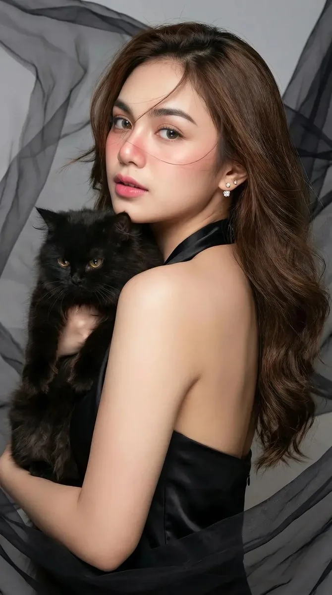 High-Fashion Portrait of an Asian Woman with a Black Cat reference