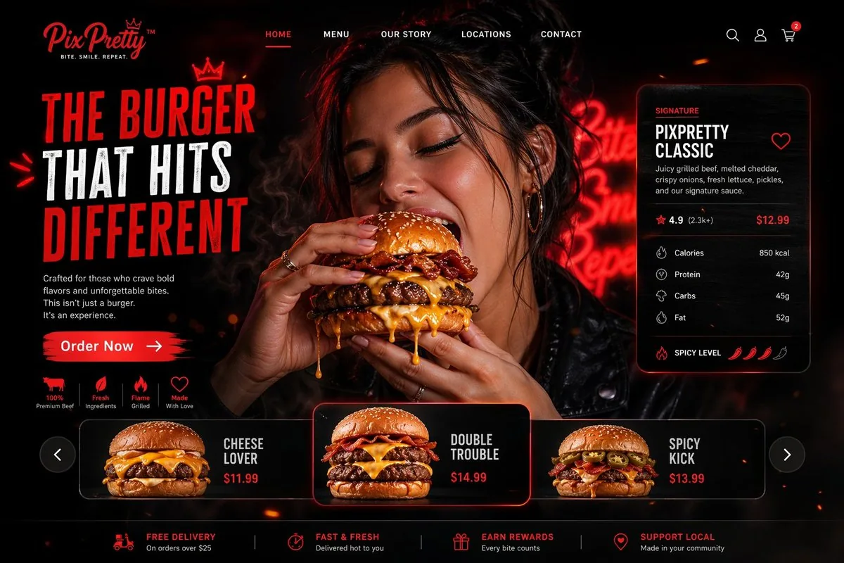Luxury Cinematic Burger Landing Page reference