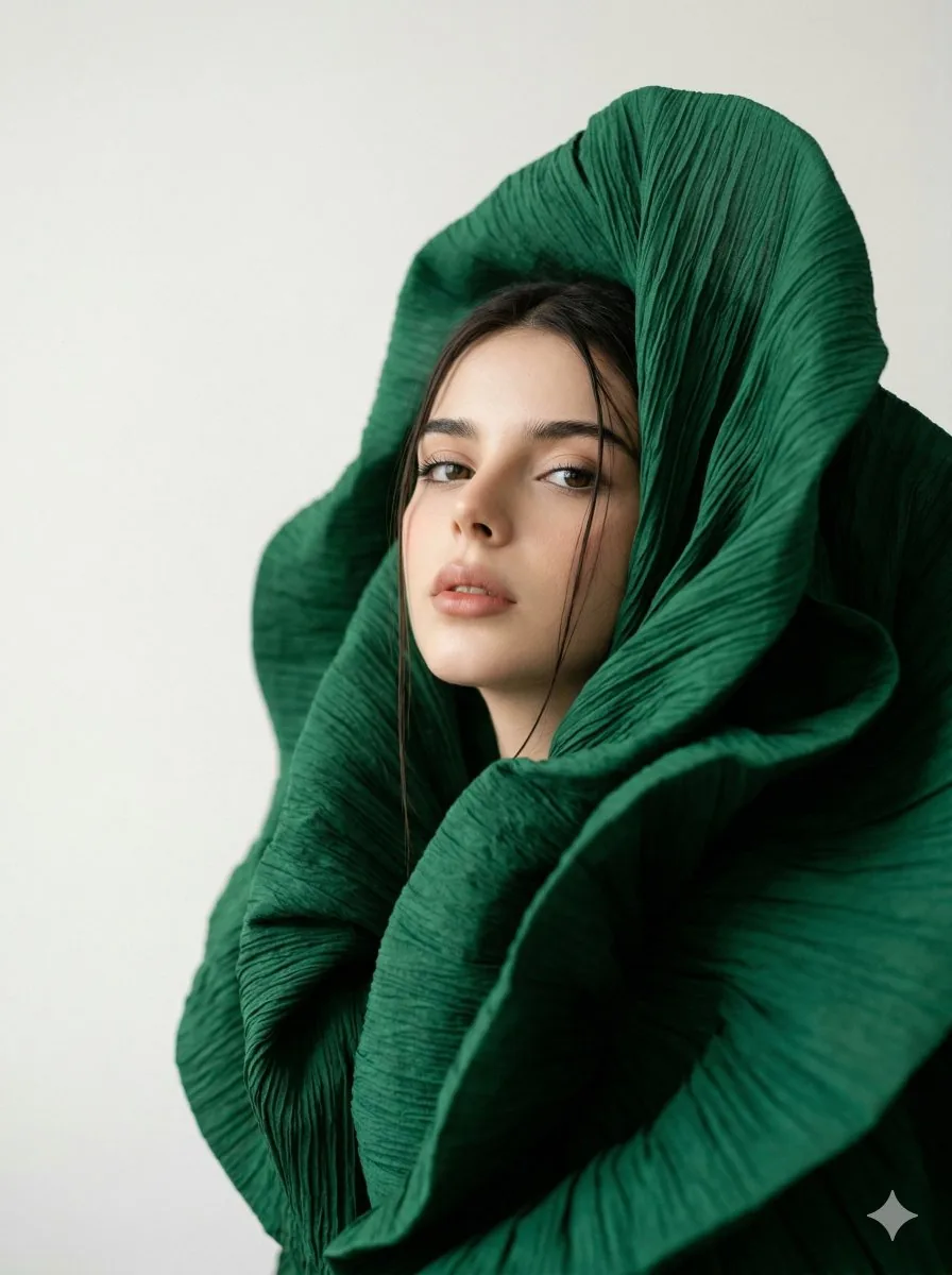 Avant-Garde Sculptural Fabric Portrait - Nano Banana Pro AI Prompt for Product Marketing reference