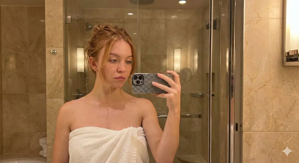 Intimate Mirror Selfie Portrait of Sydney Sweeney in a Towel - Nano Banana Pro AI Prompt for Social Media Post reference