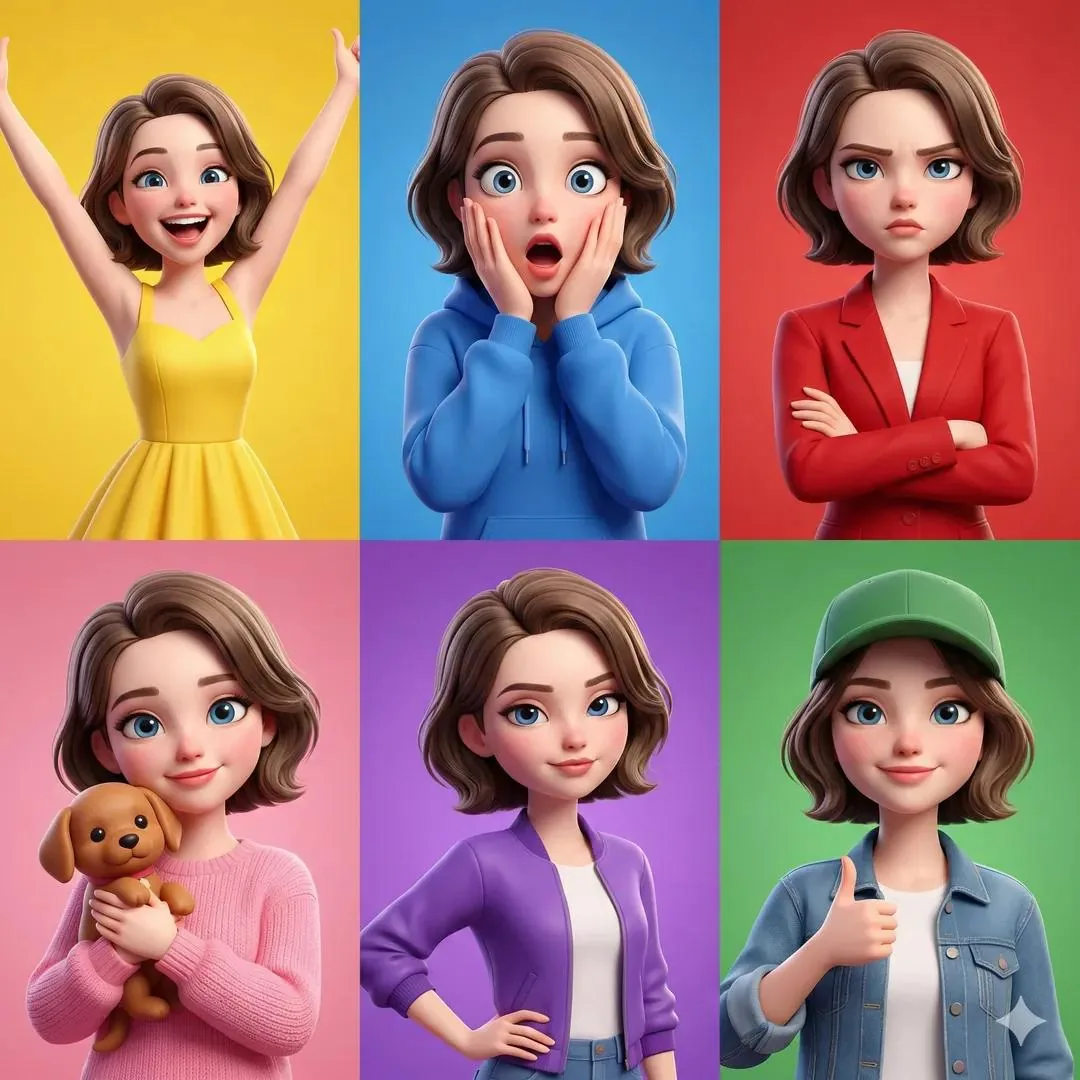 3D Pixar-Style Character Emotion Grid Prompt reference