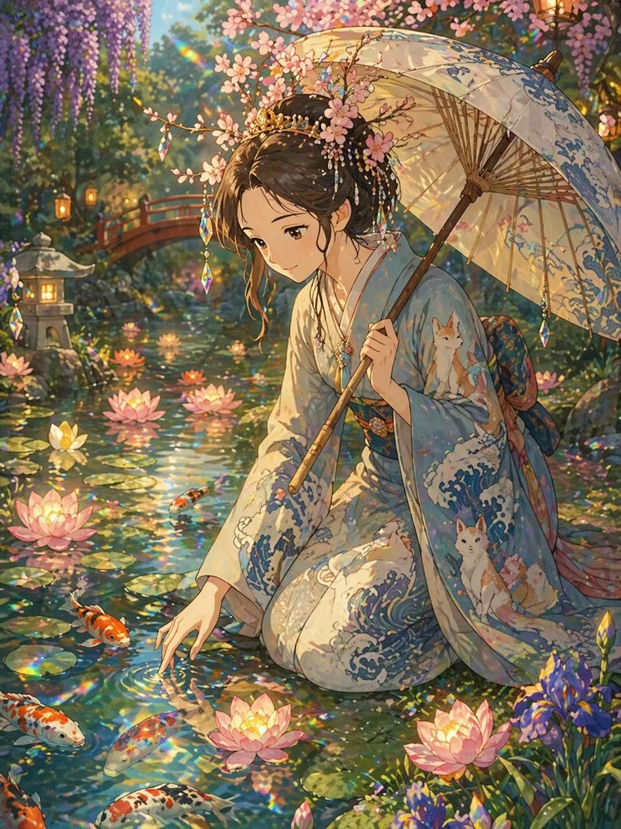 Ghibli Style Princess and Koi Pond reference
