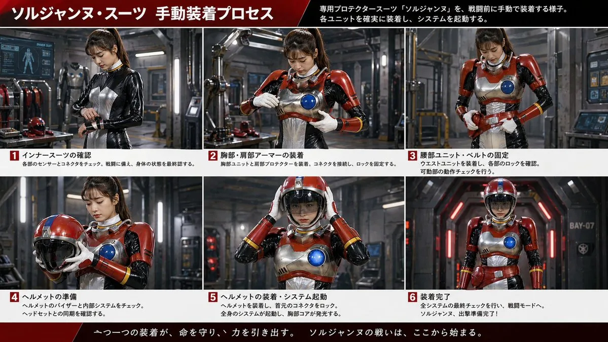 Japanese Sci-Fi Suit-Up Process Board reference