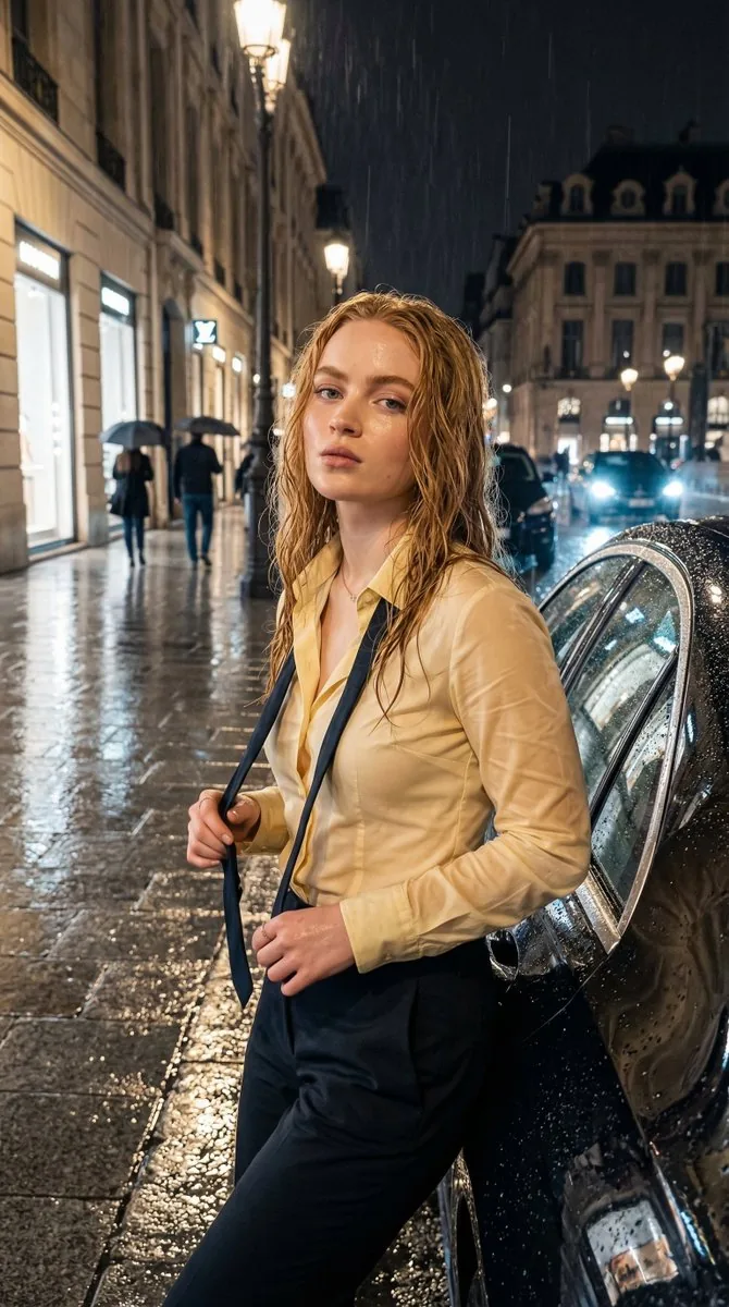 Rain-Soaked Night Portrait in European Boulevard - Nano Banana Pro AI Prompt for Social Media Post reference