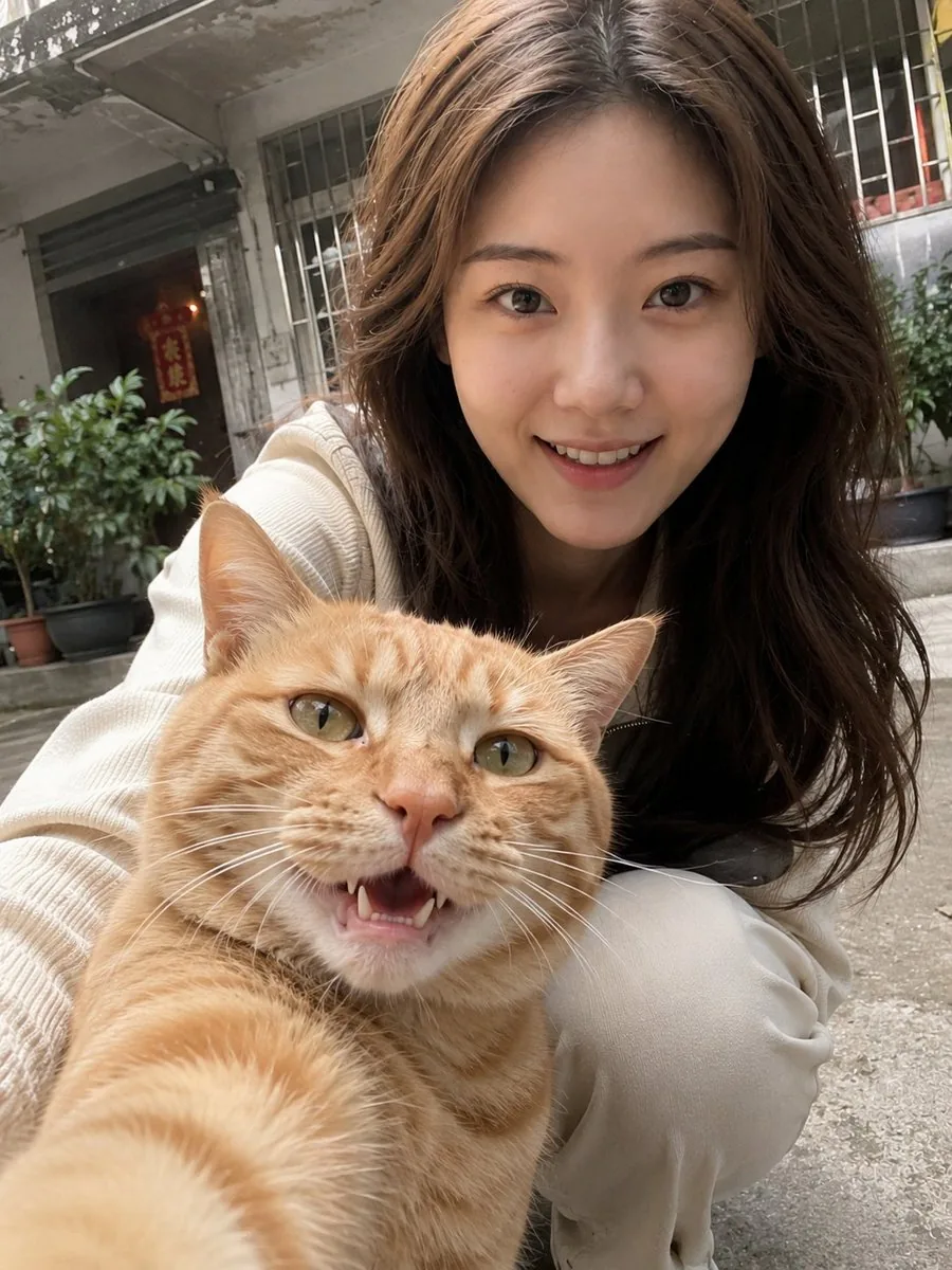 Realistic Pet and Owner Wide-Angle Selfie reference