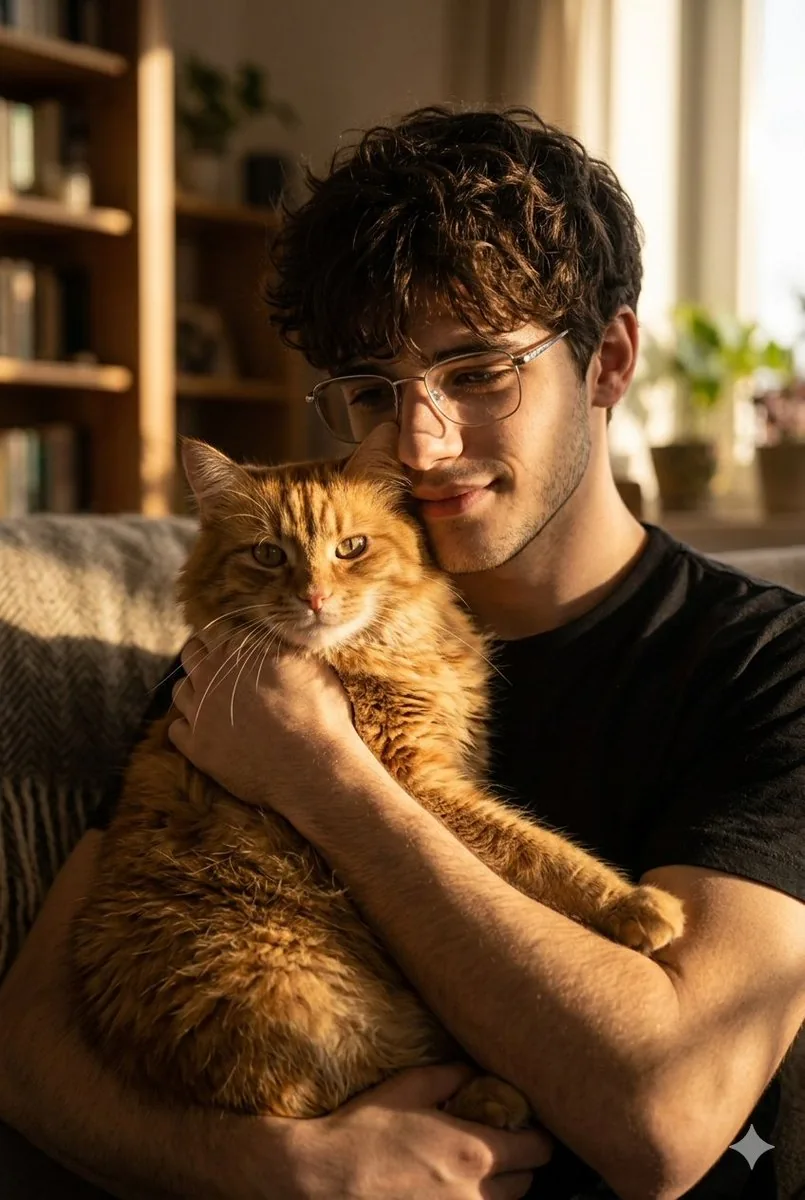 Golden Hour Portrait of Man and Cat reference