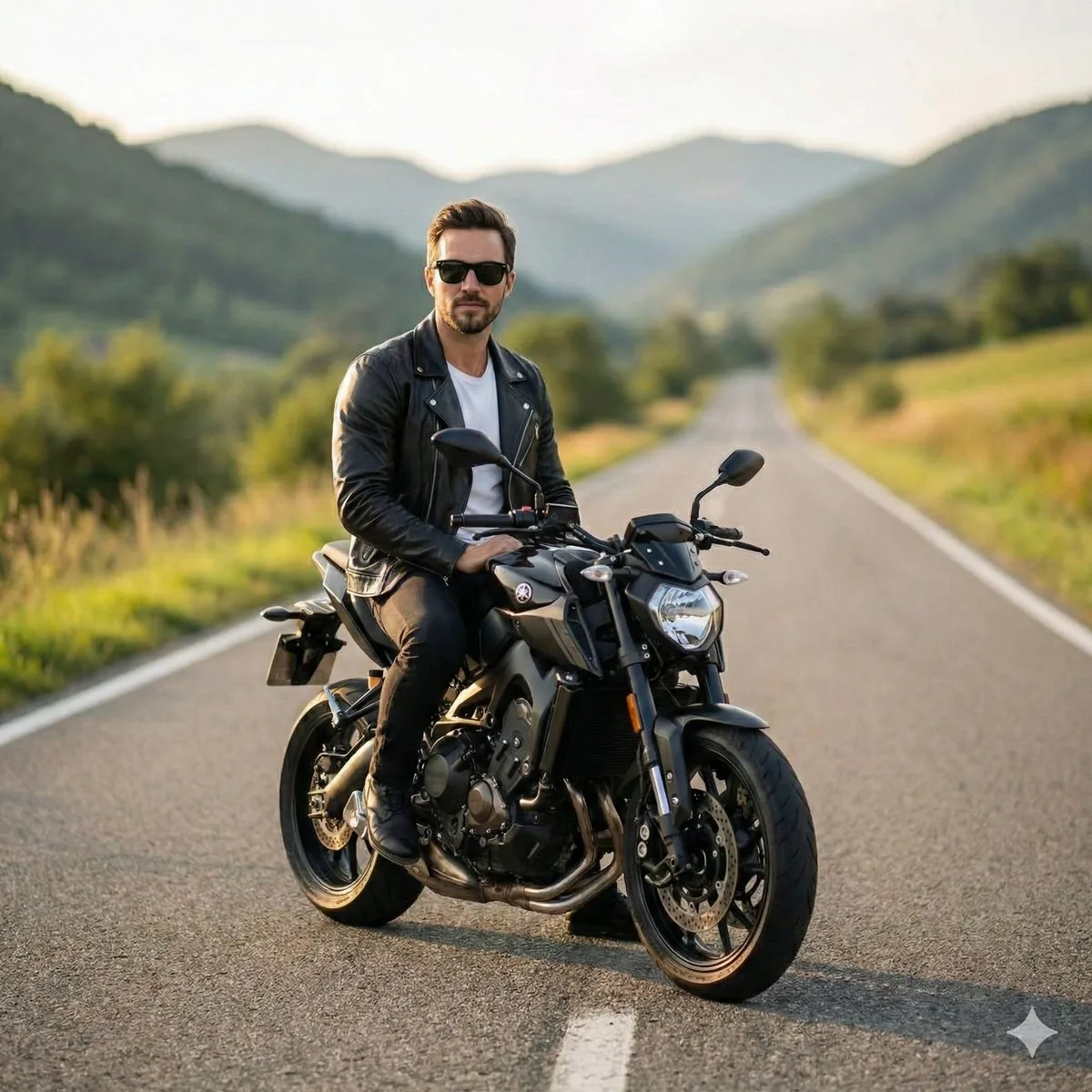 Cinematic Portrait of Man on Modern Motorbike - Nano Banana Pro AI Prompt for Social Media Post reference