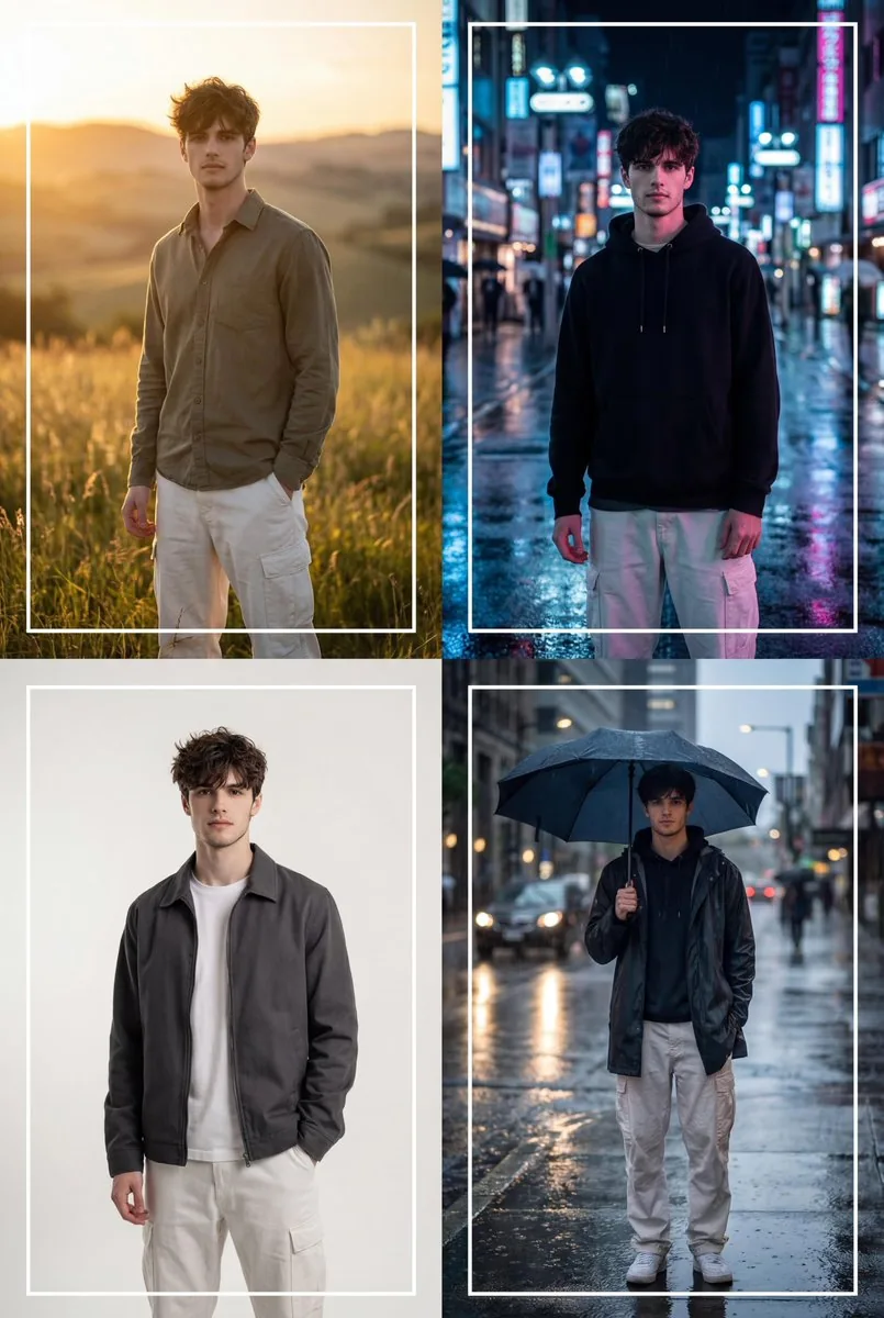 Cinematic 2x2 Grid Portrait with Consistent Identity reference