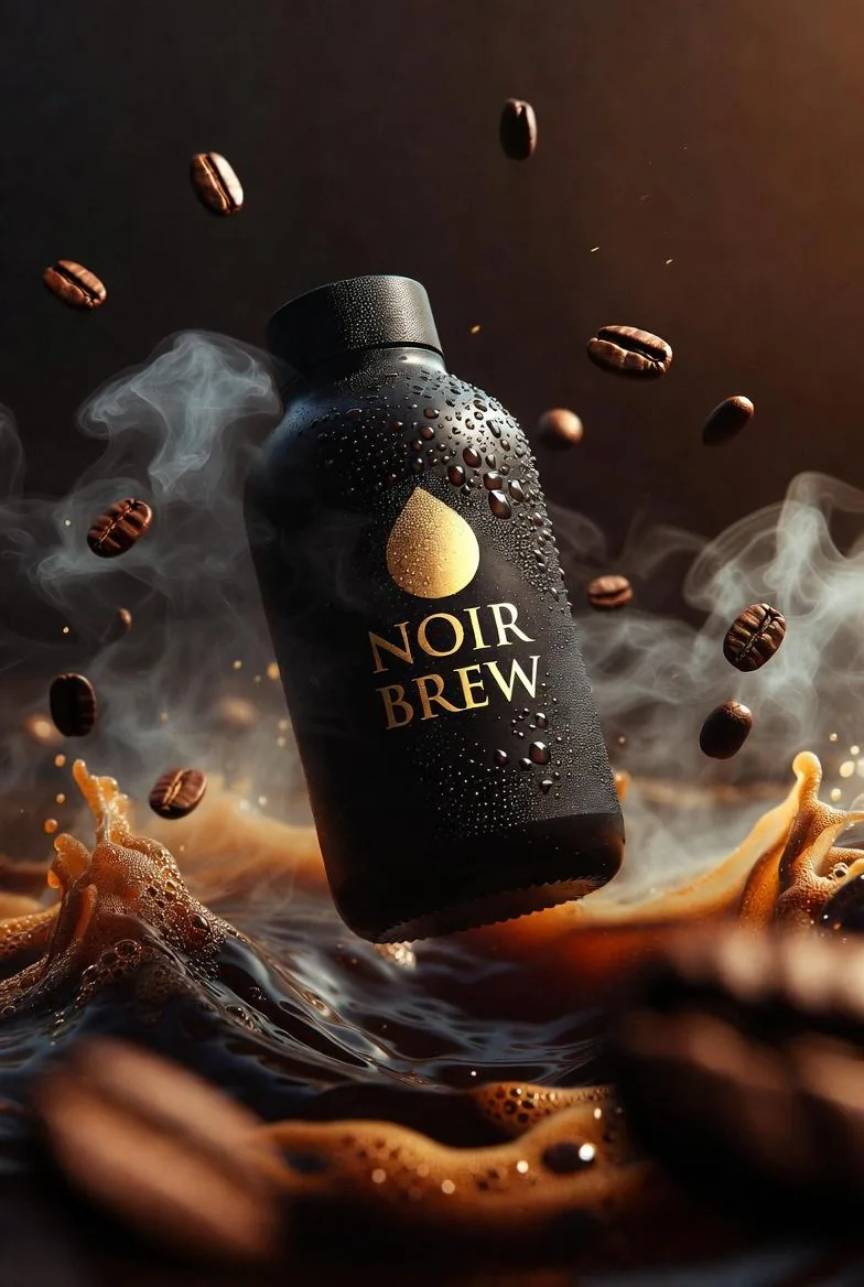 Ultra-Cinematic Product Photography of 'NOIR BREW' Coffee Bottle reference