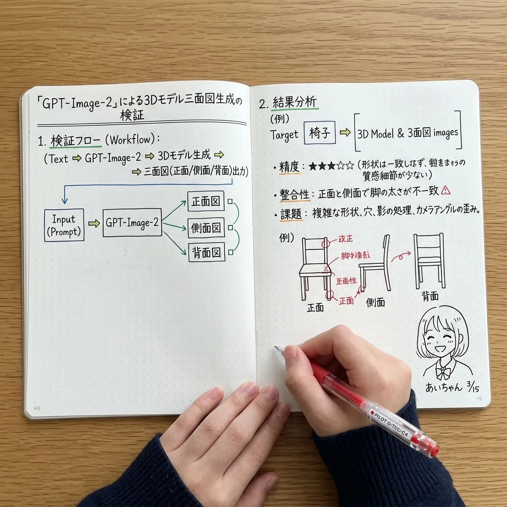 Notebook Spread with 3D Model Analysis Diagrams reference