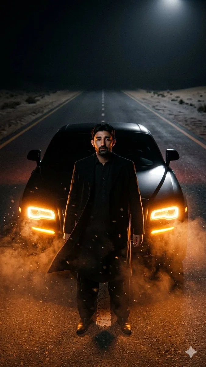 Cinematic Desert Highway Car Portrait reference