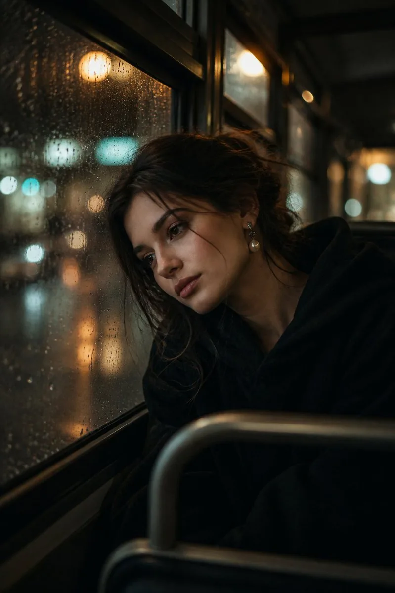 Melancholic Rainy Night Bus Portrait reference