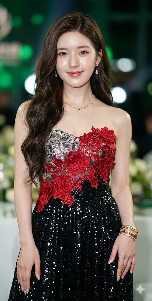 Macro portrait of Zhao Lusi in a high-glamour black and red sequined gown - Nano Banana Pro AI Prompt for Social Media Post reference