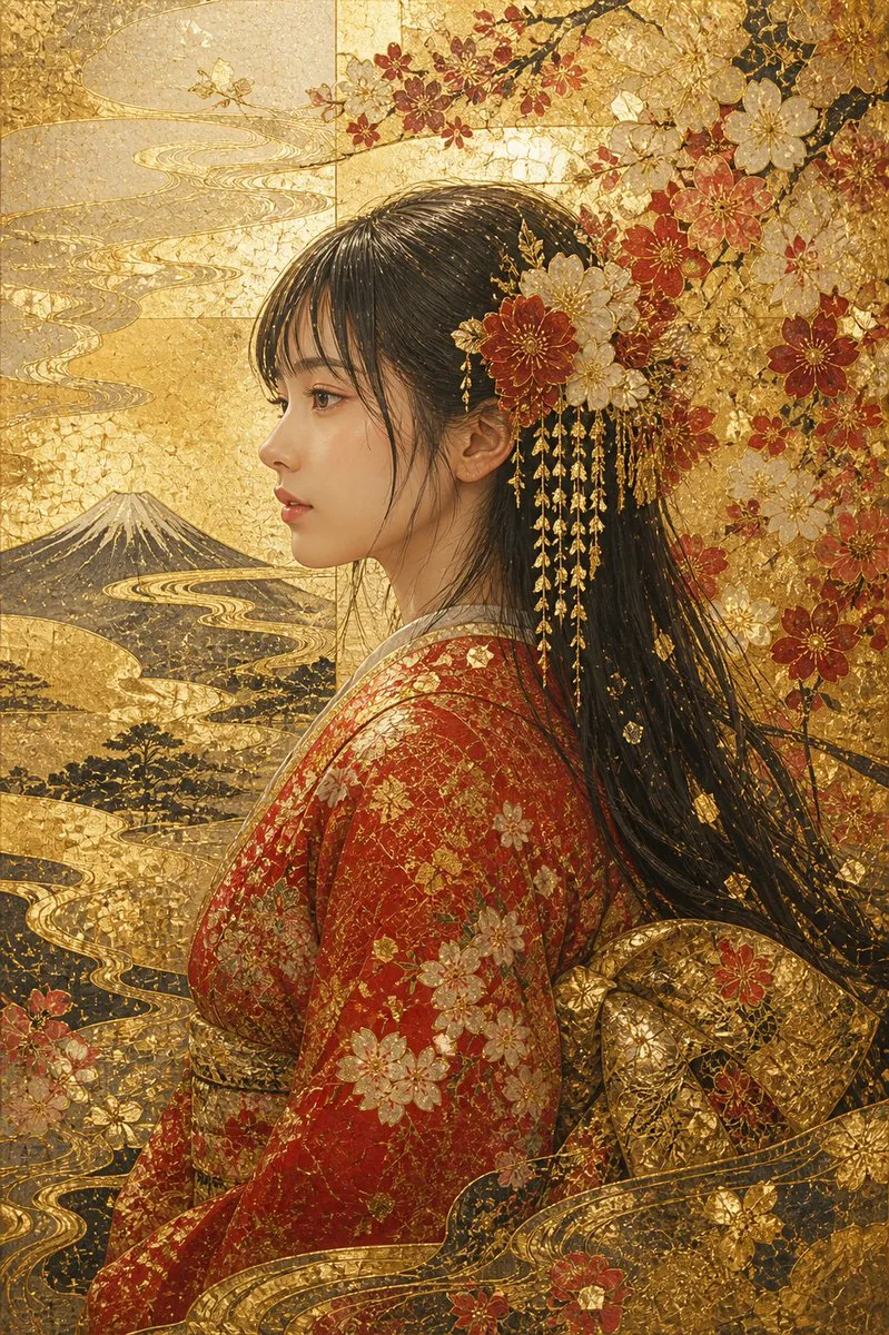 Kirikane Gold Kimono Portrait reference