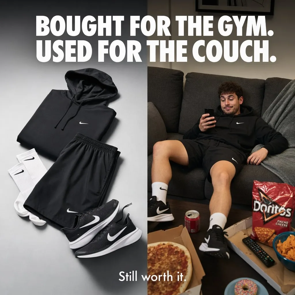 Split-Screen Athleisure Couch Ad reference
