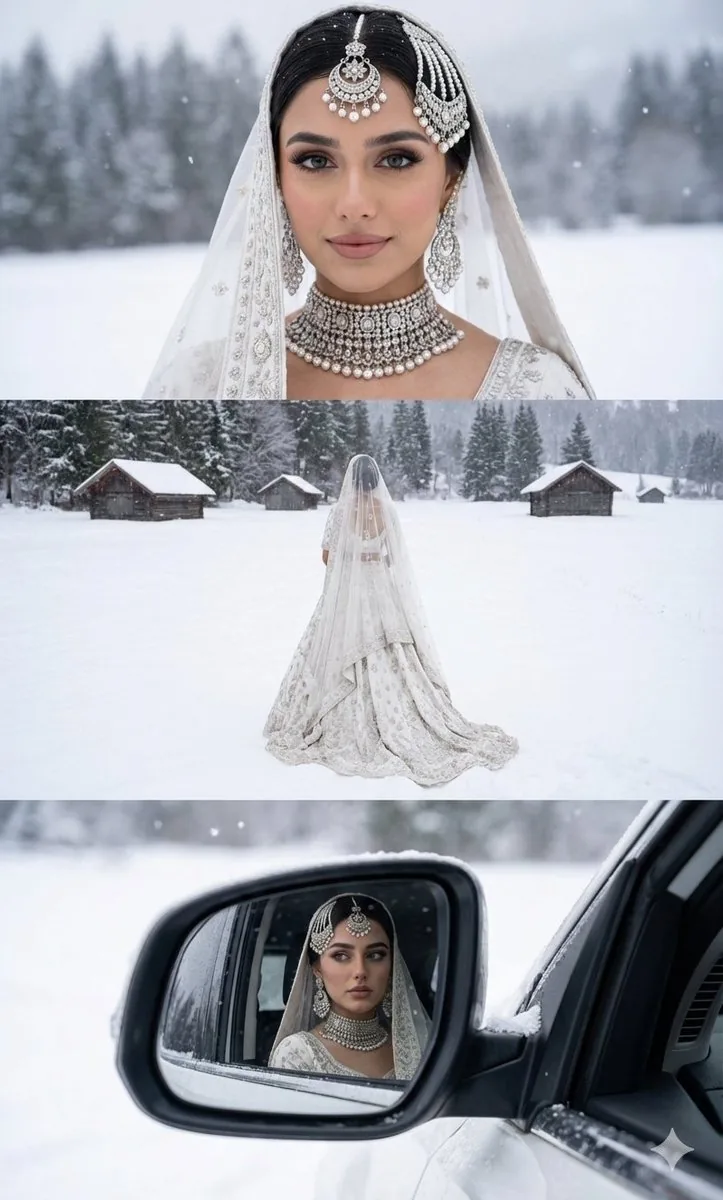 Three-Panel South Asian Bride in Snowy Landscape - Nano Banana Pro AI Prompt for Social Media Post reference