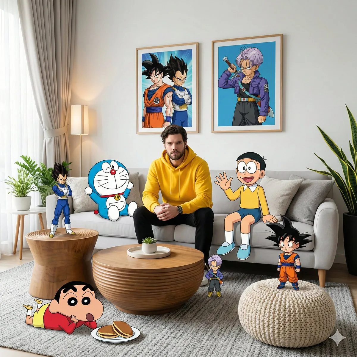 Mixed-Media Anime and Reality Living Room Scene Prompt - Nano Banana Pro AI Prompt for Social Media Post reference