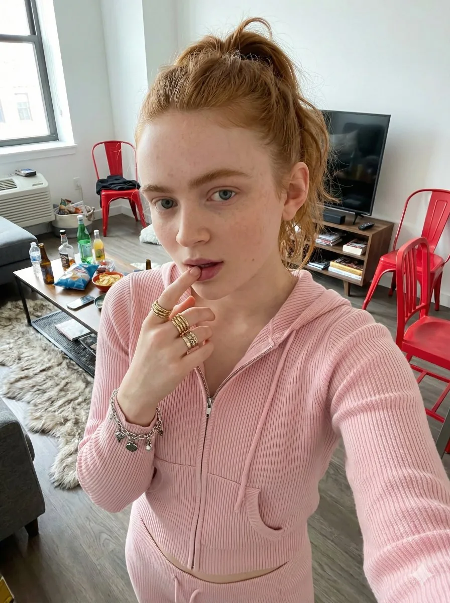 Sadie Sink Candid Selfie in Loungewear Prompt - Nano Banana Pro AI Prompt for Social Media Post reference