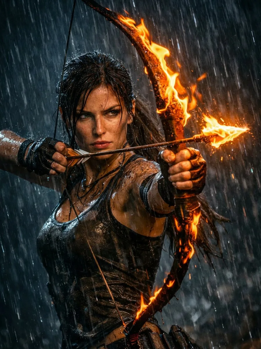 Lara Croft with Fiery Bow in Heavy Downpour reference
