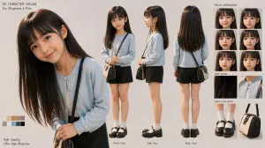 3D Schoolgirl Character Design Sheet