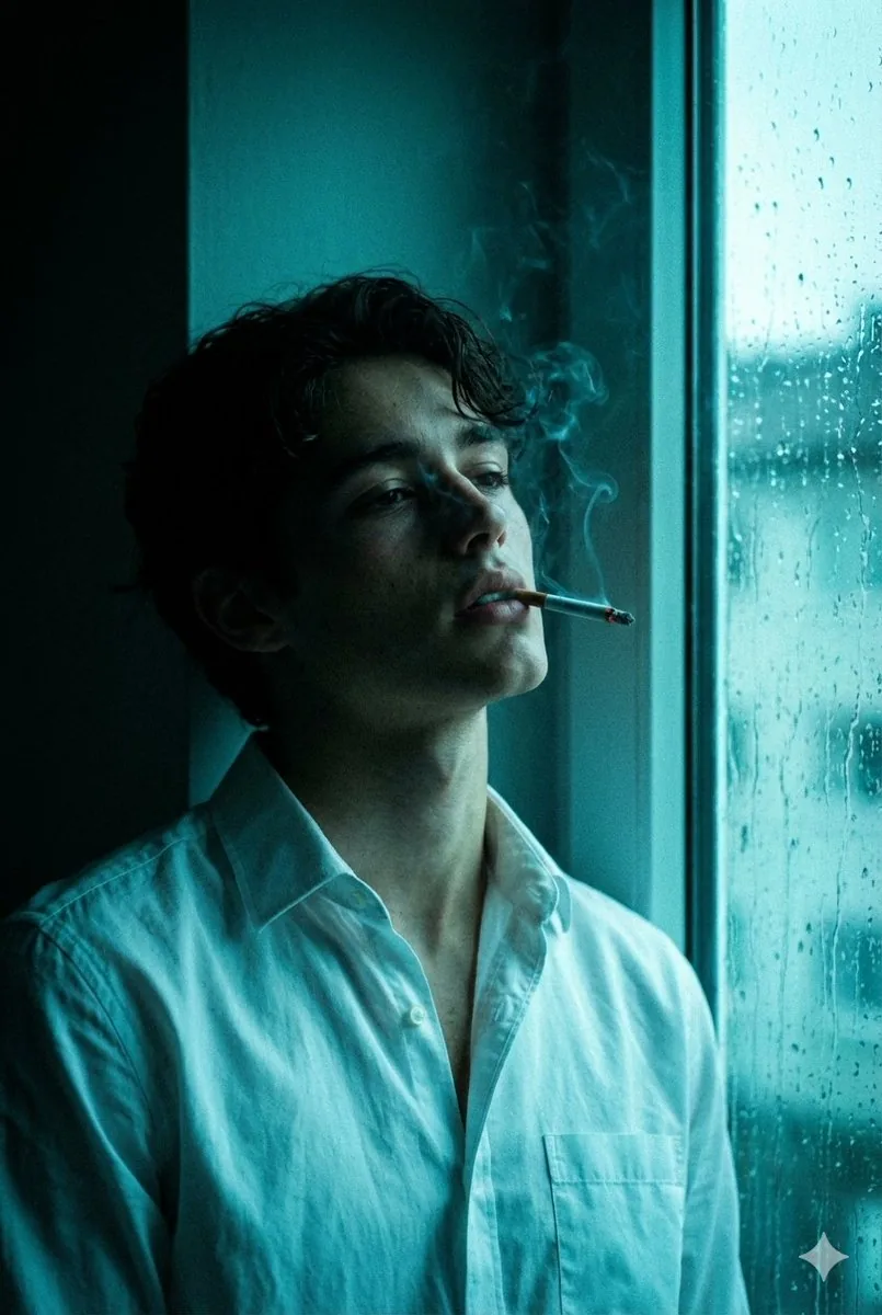 Cinematic Melancholy Portrait in Turquoise reference