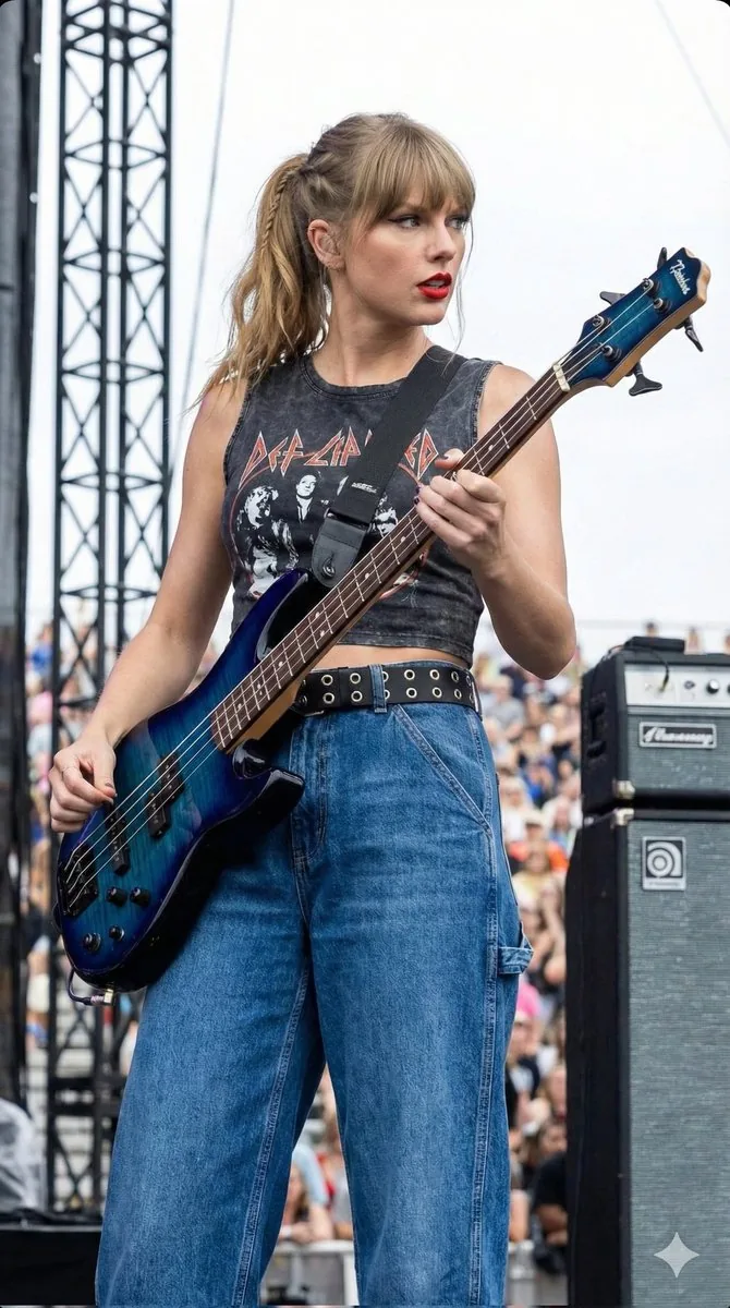 Ultra-Realistic Portrait of Female Bass Guitarist Performing Live - Nano Banana Pro AI Prompt for Social Media Post reference