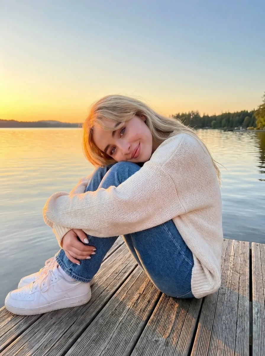 Golden Hour Sunset Portrait on a Lakeside Dock - Nano Banana Pro AI Prompt for Social Media Post reference