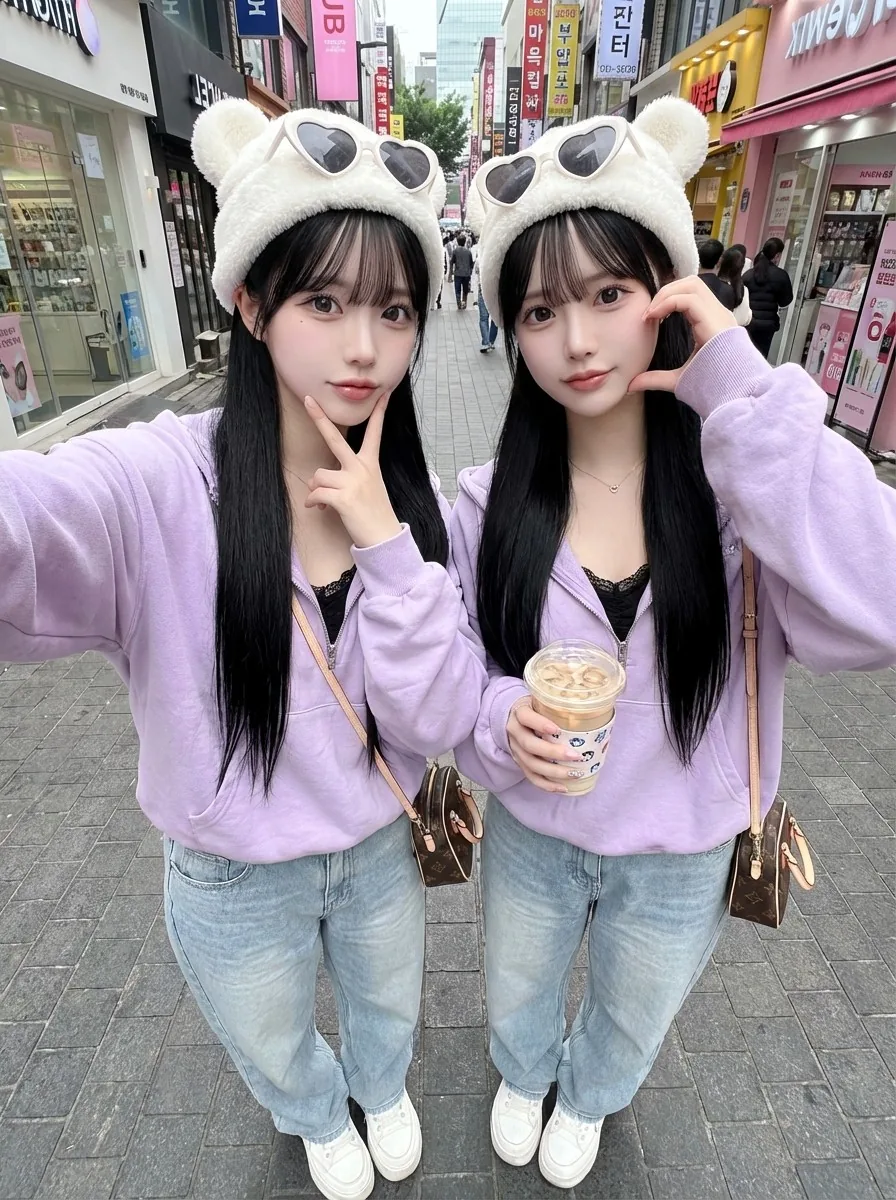 Korean Ulzzang Street Selfie Prompt (Duo) - Nano Banana Pro AI Prompt for Social Media Post reference