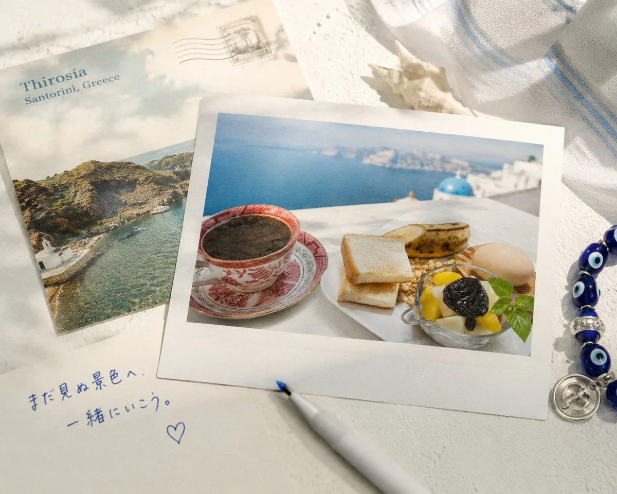 Santorini Breakfast Travel Flat Lay reference