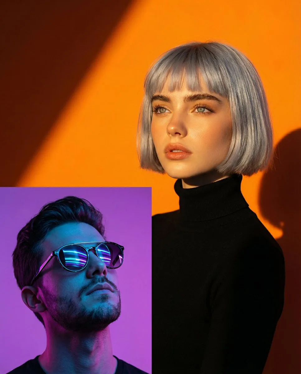 Two Dramatic Portraits: Neon Man and Golden Hour Woman reference
