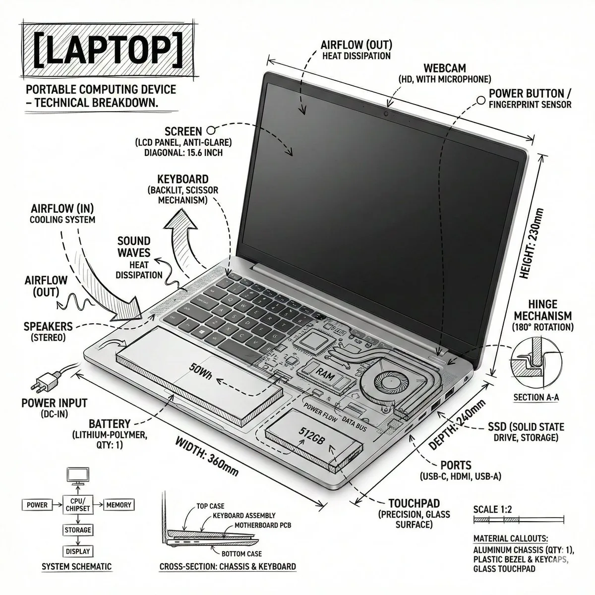 Technical Infographic Overlay on a Laptop Image - Nano Banana Pro AI Prompt for Infographic / Edu Visual reference