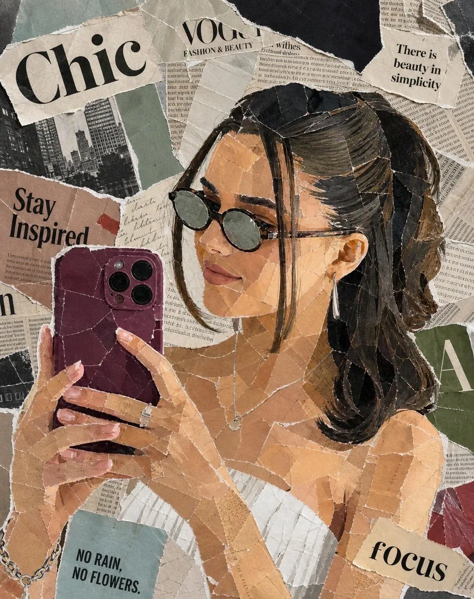 Stylish Woman Mirror Selfie Collage reference