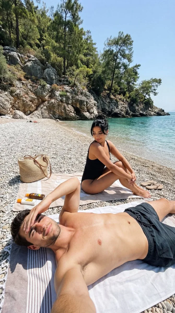 Candid Travel Romance Sunbathing Scene - Nano Banana Pro AI Prompt for Social Media Post reference